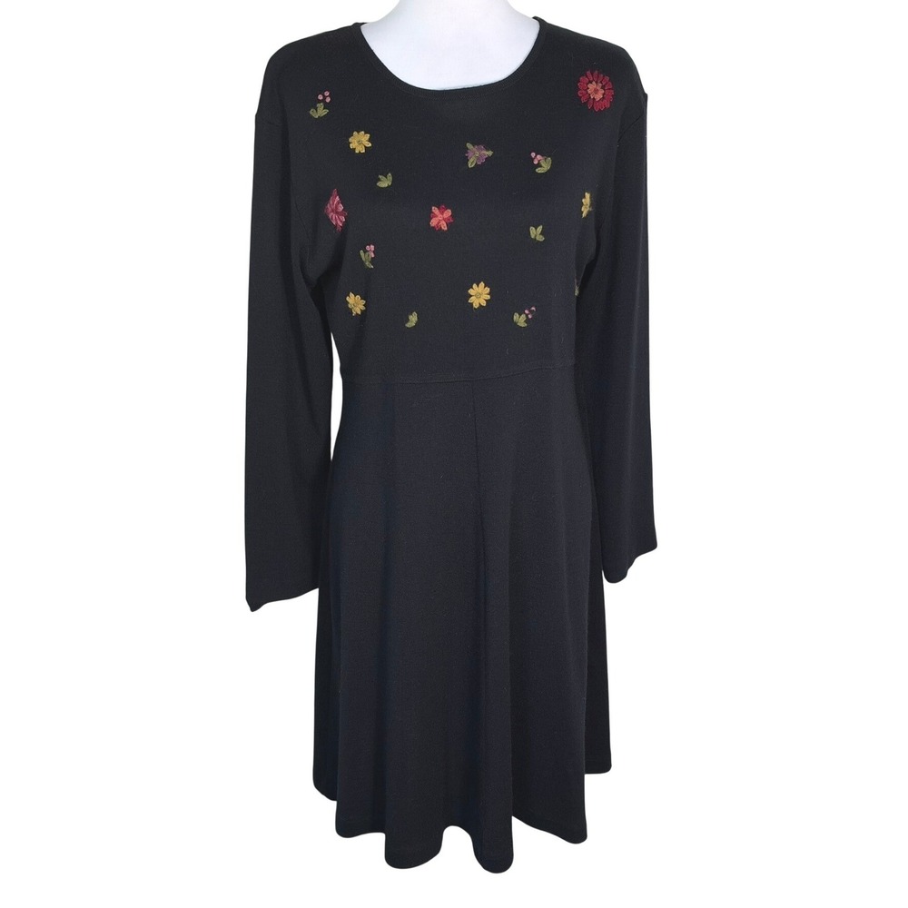 KARIN STEVENS Large Vintage Black Wool Embroidered Floral Long Sleeve Knit Dress